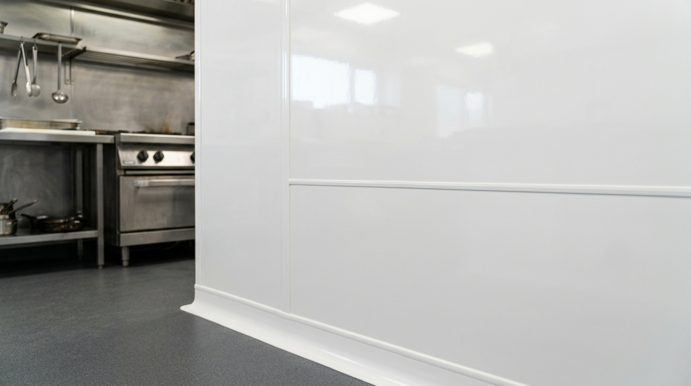 Hygienic PVC wall cladding in a commercial kitchen with welded joints and coved skirting